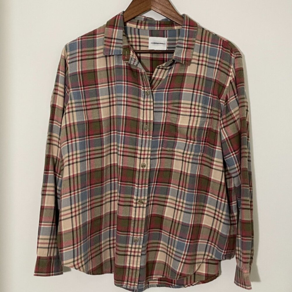 American Eagle Long sleeve Button down Shirt - Tan/Red Plain S